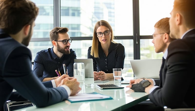 A team of professionals discussing strategic solutions in an office setting A team of professionals discussing strategic solutions in an office setting